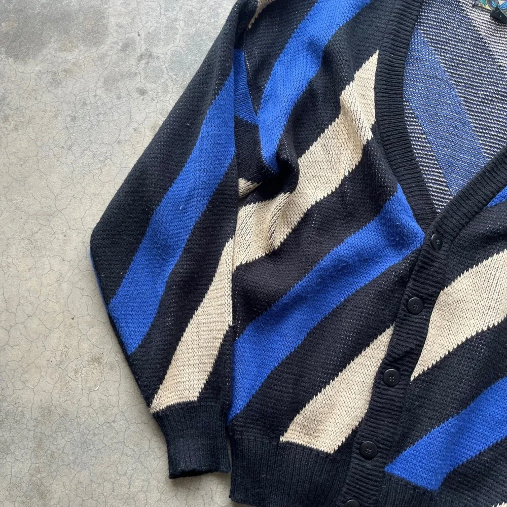 Vintage Weeds Mens Large Diagonal Stripe Cardigan Sweater Blue Black Cream Knit